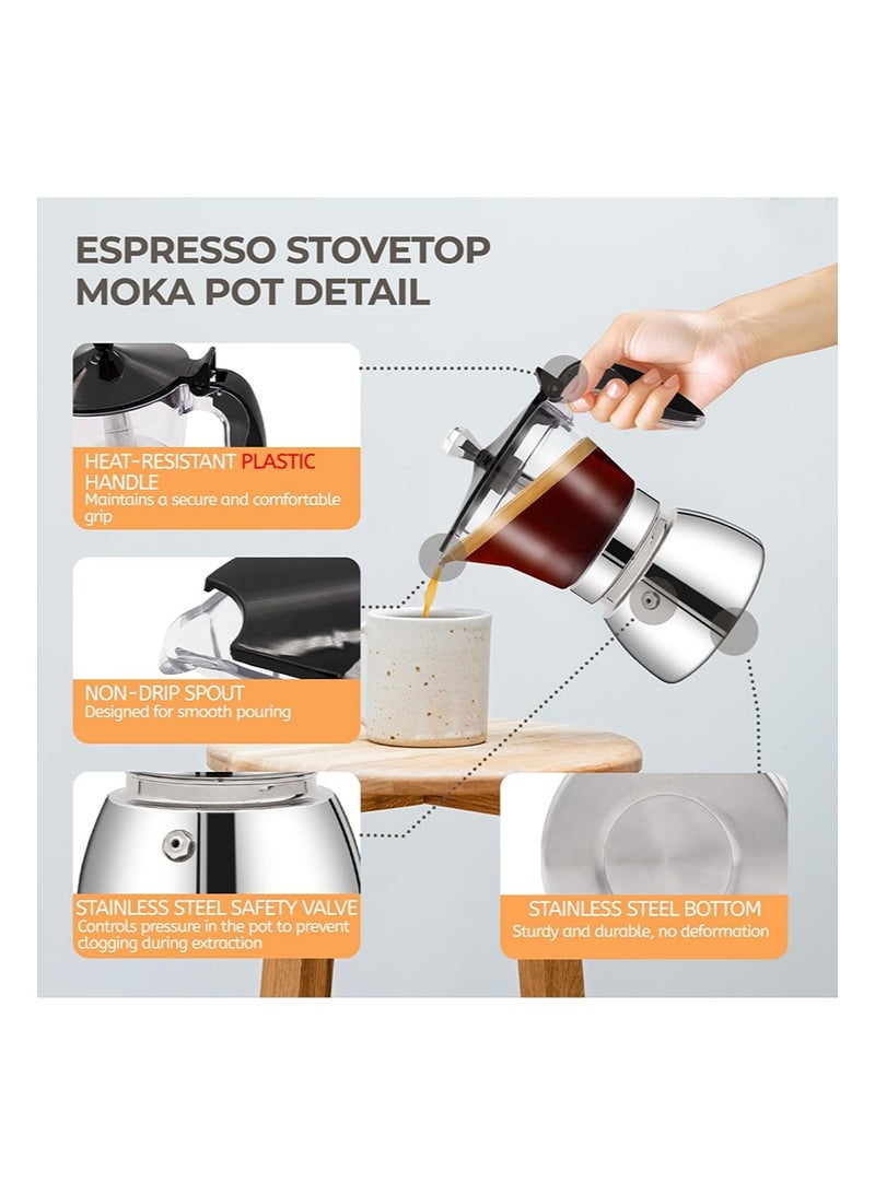 EZSOZO Clear Plastic Moka， Pot 4 Cup 200ml Stainless Steel Coffee Maker ，Uncoated Stovetop Espresso Coffee maker Italian Classic Style Brewing Greca Cafe Mocha Machine for Cafeteras Camping Travel Home Use - Image 4